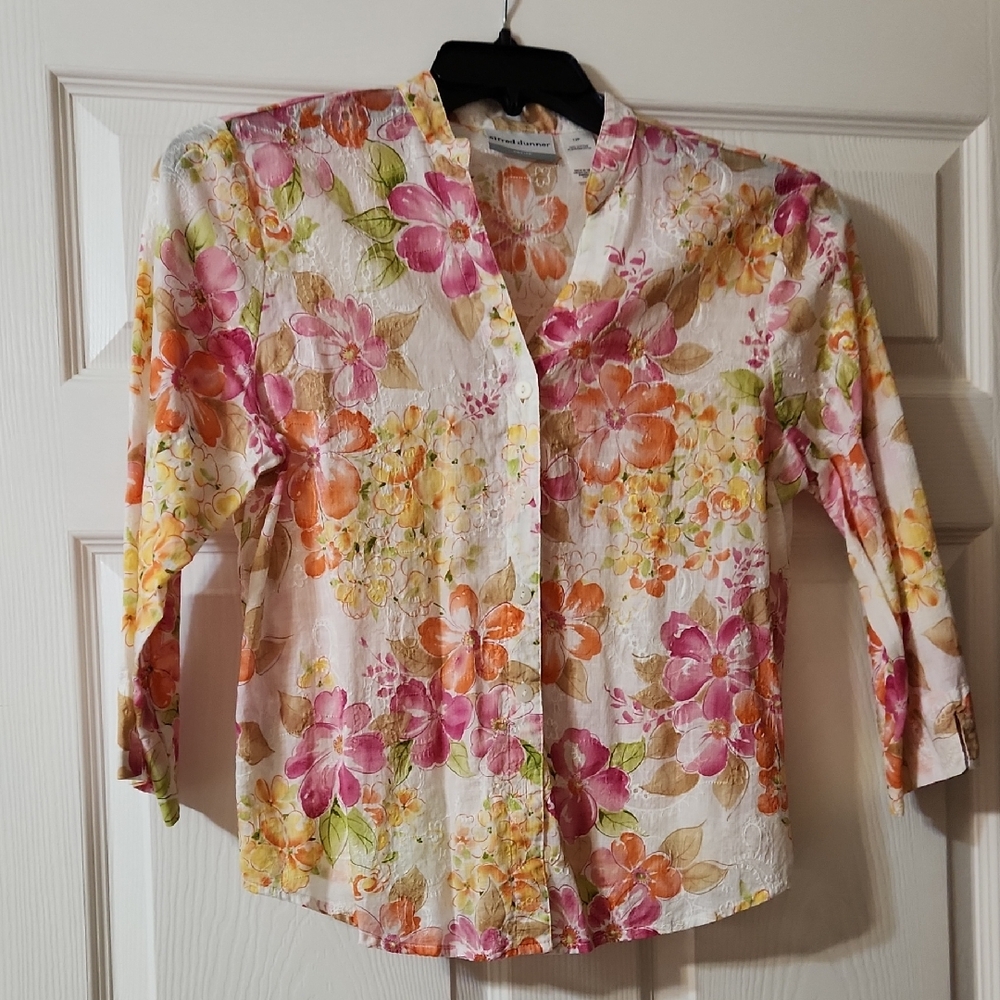 Alfred Dunner Floral Button-Down Shirt - Pink, Orange, Green